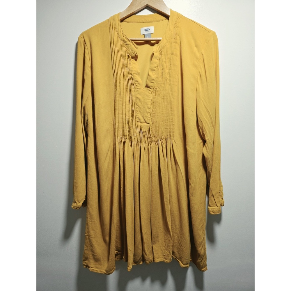 Old Navy Women's Yellow Dress Size L Knee Length Pleat Mustard Long Sleeve